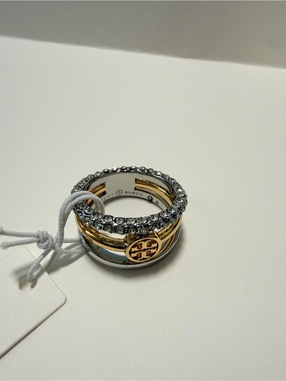 Tory Burch Icon Pave Stacking Ring Gold, Silver, Rhinestone size 8 - Picture 3 of 4